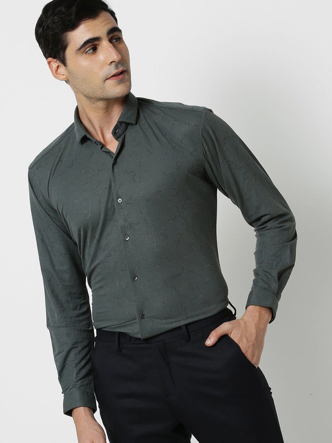 

Stori Slim Fit Self Design Cotton Party Shirt, Olive