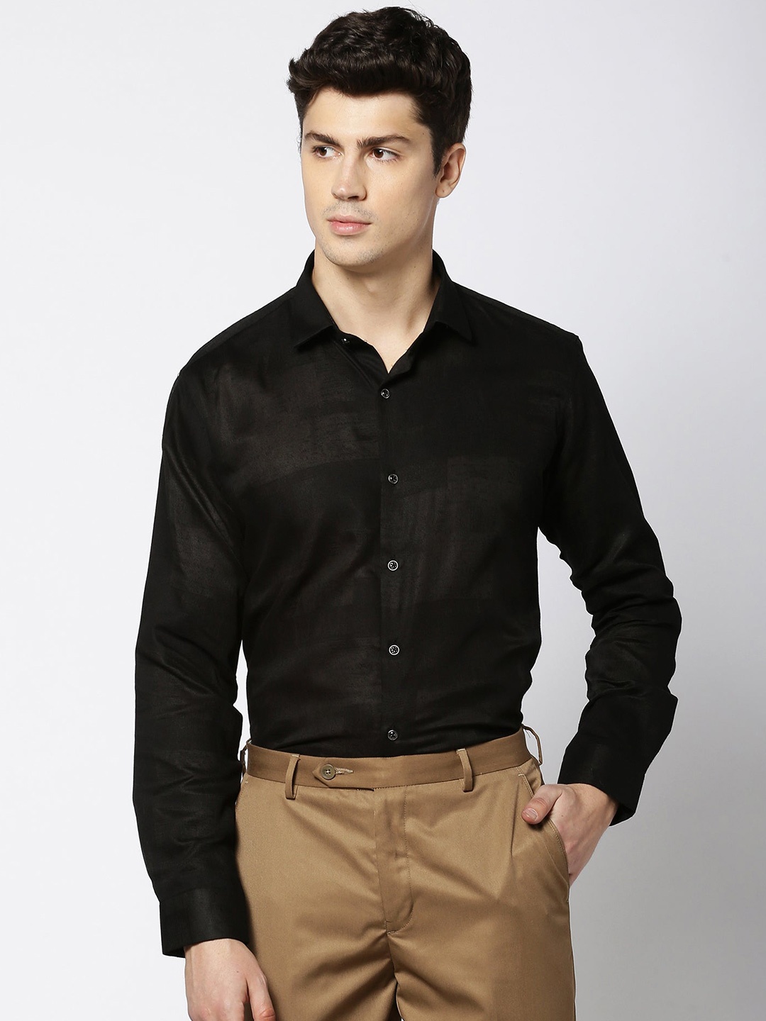 

Stori Spread Collar Slim Fit Cotton Casual Shirt, Black