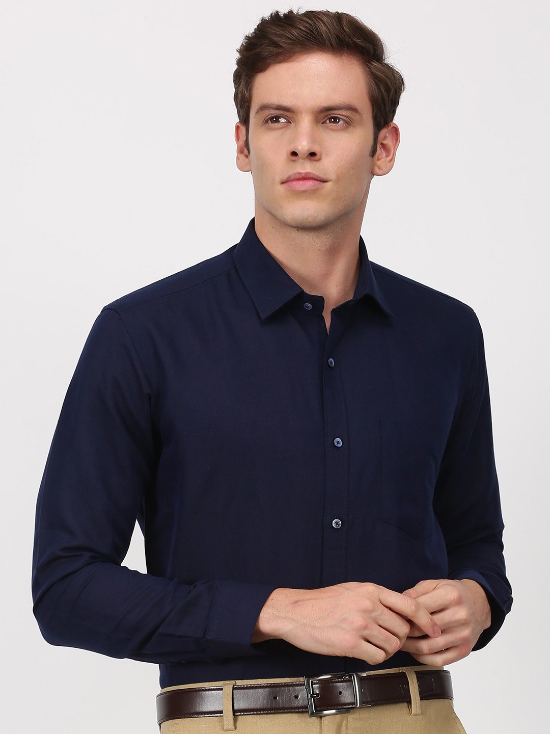 

Stori Slim Fit Grid Tattersall Checks Cotton Formal Shirt, Navy blue