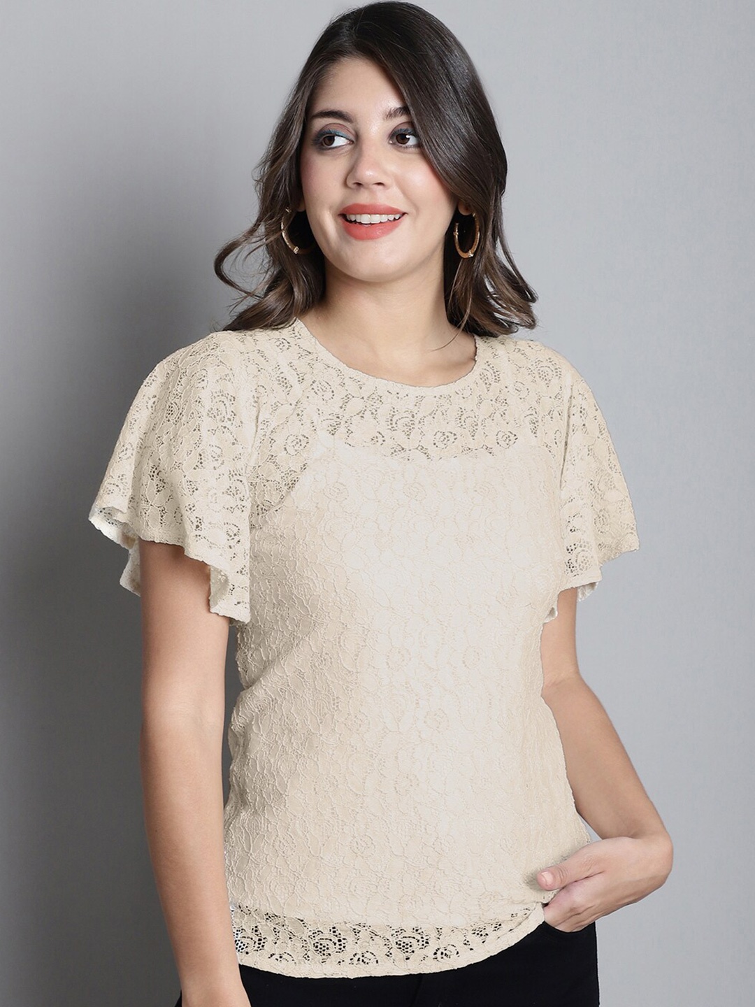 

Dressitude Round Neck Flutter Sleeve Sheer Lace Top, Beige