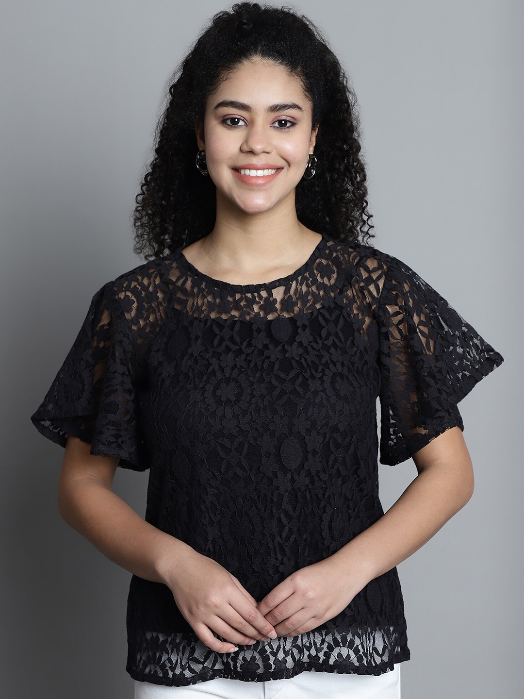 

Dressitude Self Designed Round Neck Flared Sleeve Sheer Lace Top, Black