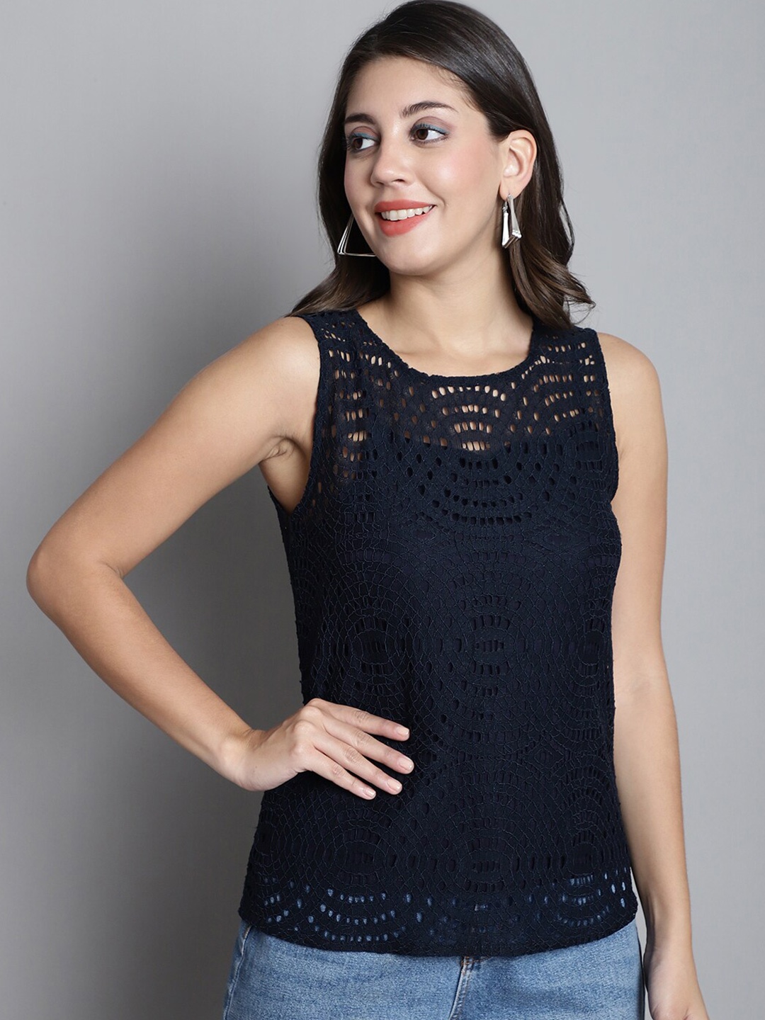 

Dressitude Self Designed Round Neck Sheer Lace Top, Navy blue