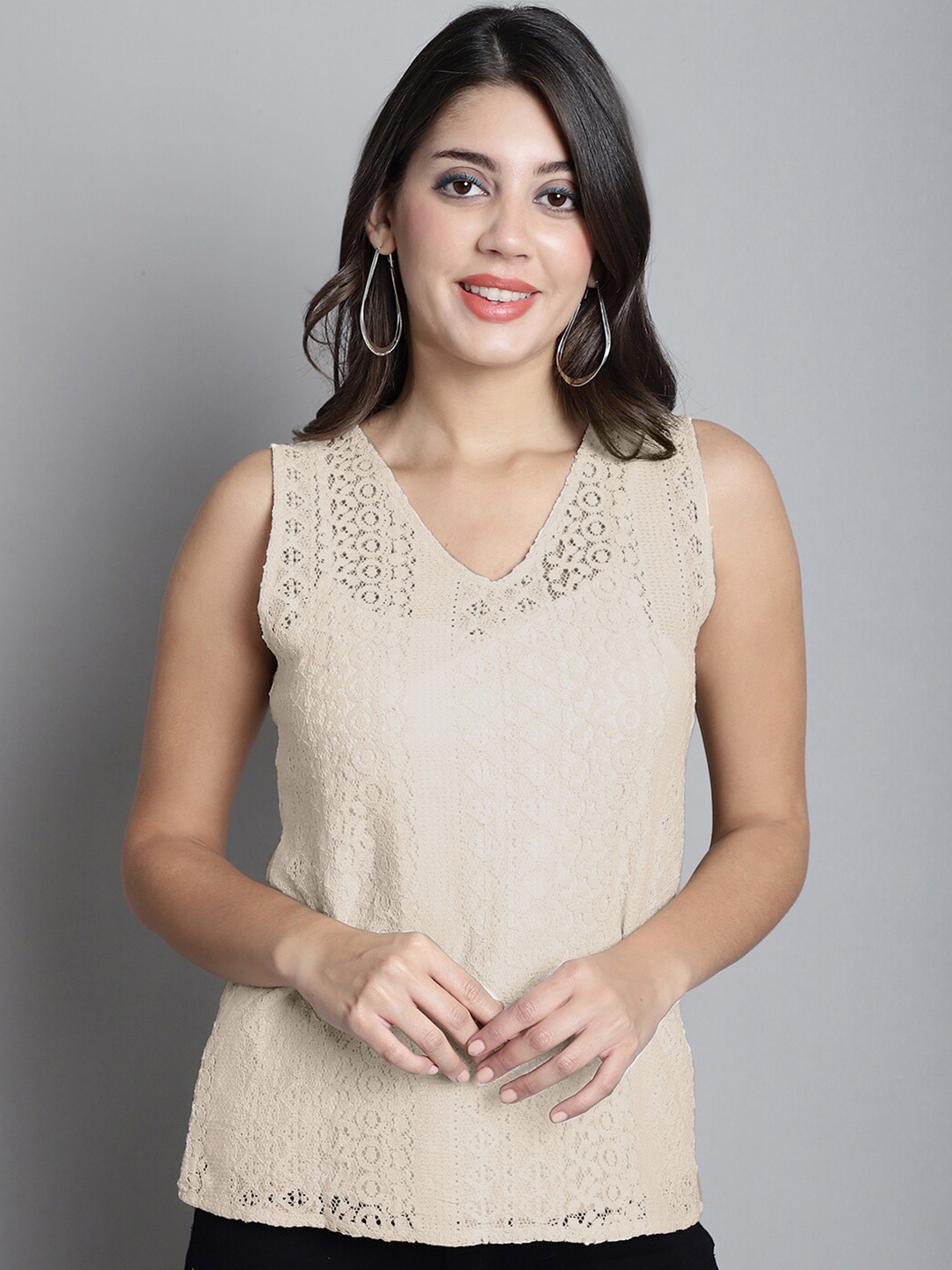 

Dressitude V-Neck Sleeveless Sheer Lace Top, Beige