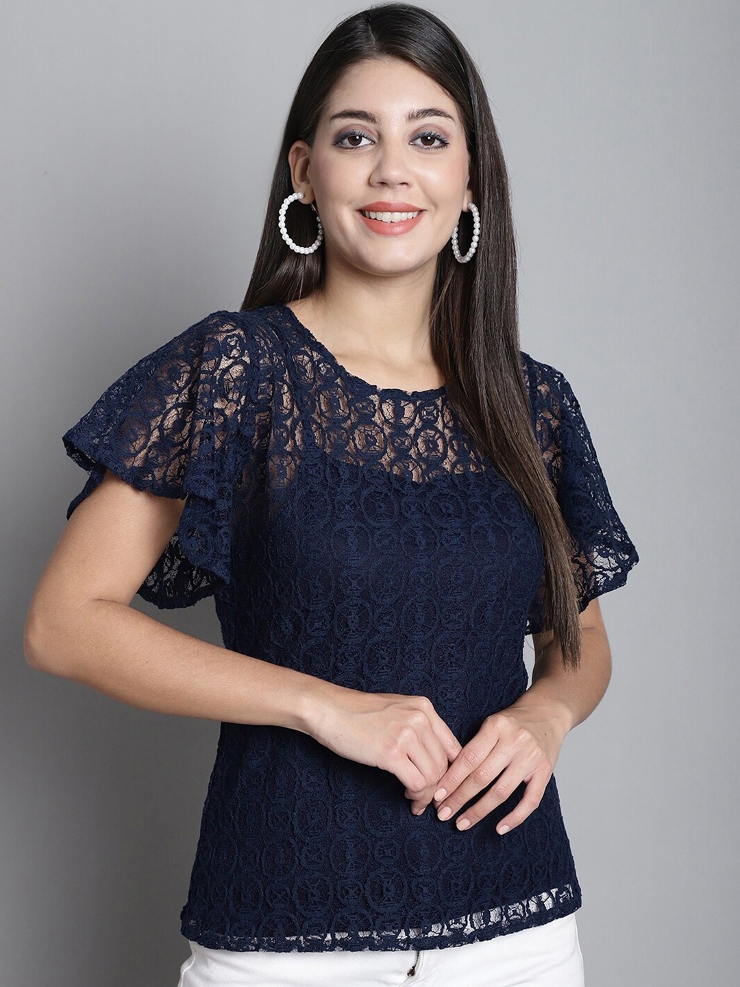 

Dressitude Round Neck Flared Sleeve Sheer Lace Top, Navy blue