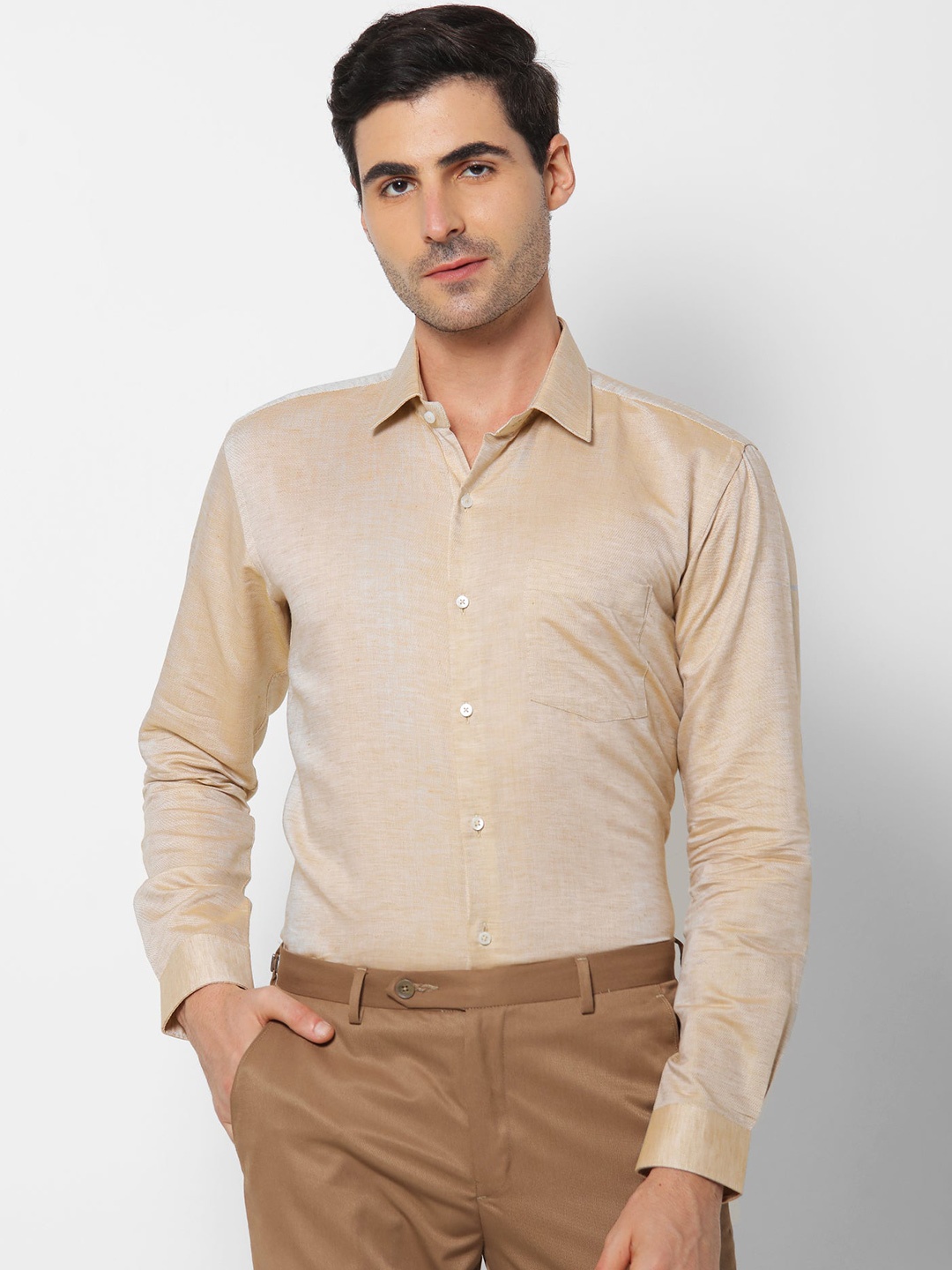 

Stori Spread Collar Long Sleeves Slim Fit Cotton Formal Shirt, Khaki