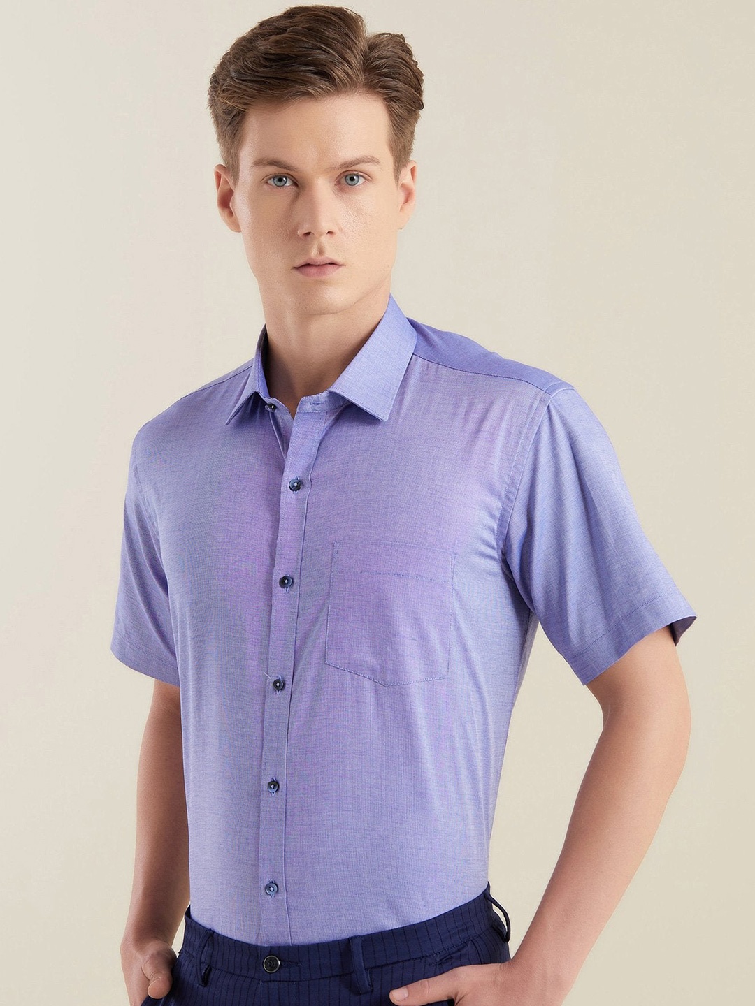 

Stori Slim Fit Spread Collar Short Sleeves Cotton Formal Shirt, Blue