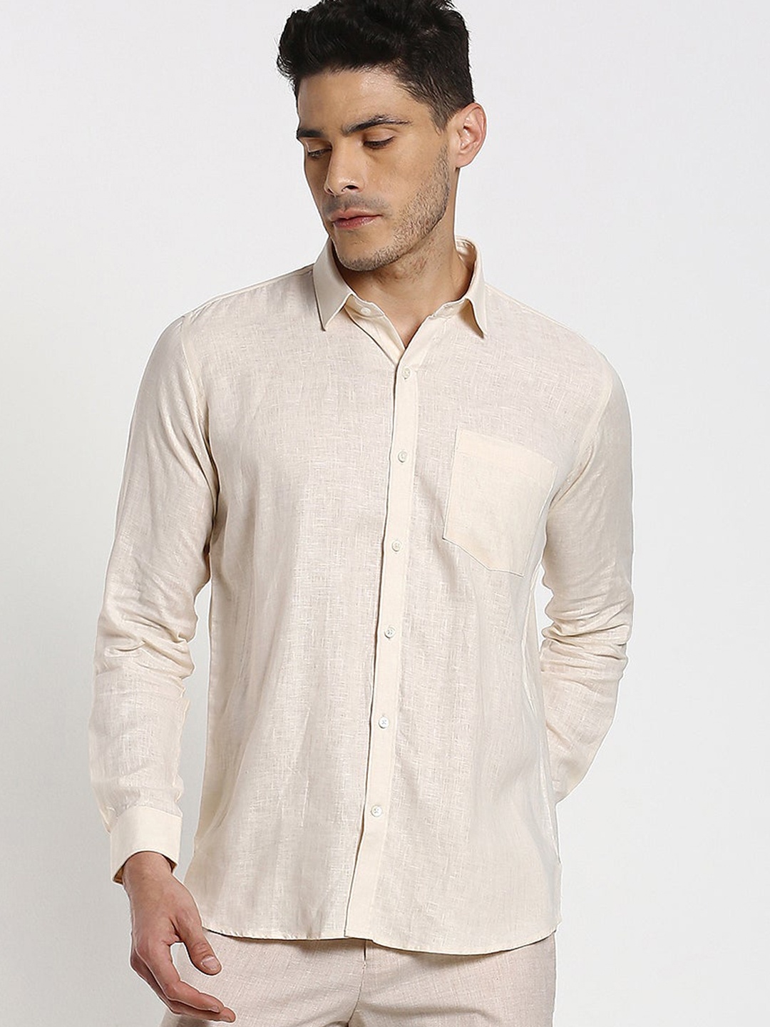 

Stori Spread Collar Long Sleeves Slim Fit Linen Formal Shirt, Cream
