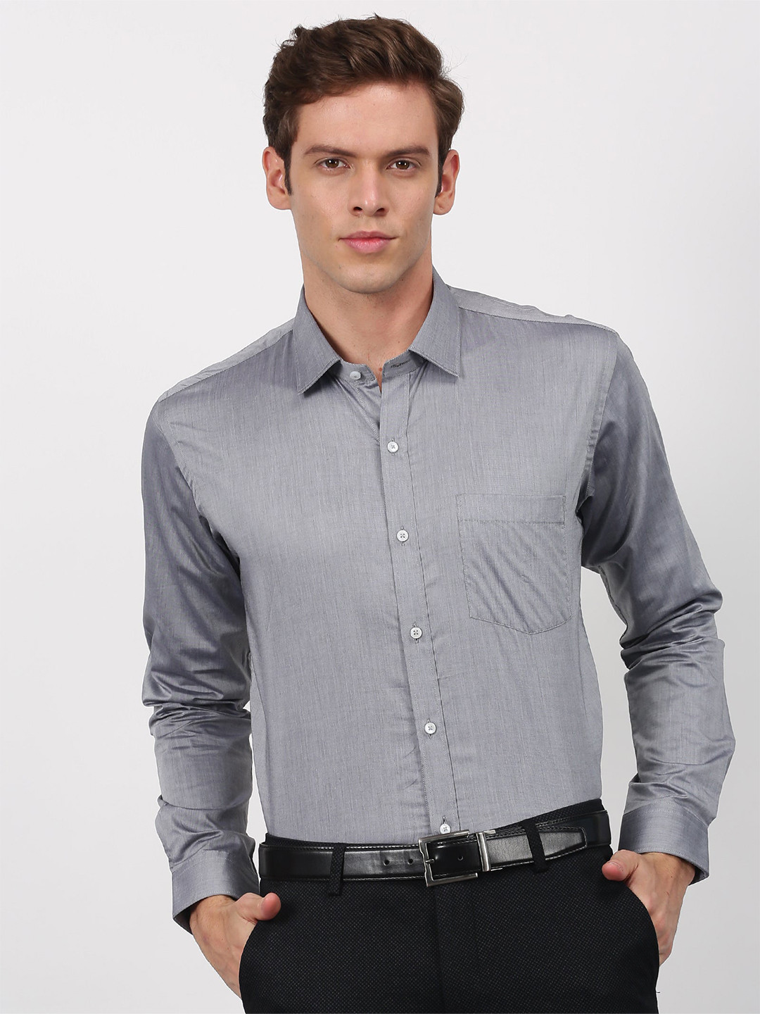 

Stori Slim Fit Spread Collar long Sleeves Cotton Formal Shirt, Grey