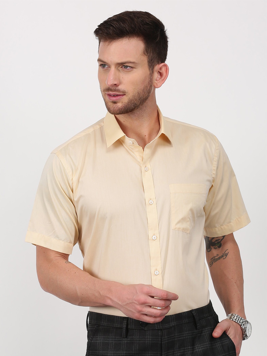 Stori Spread Collar Slim Fit Pure Cotton Formal Shirt, Yellow