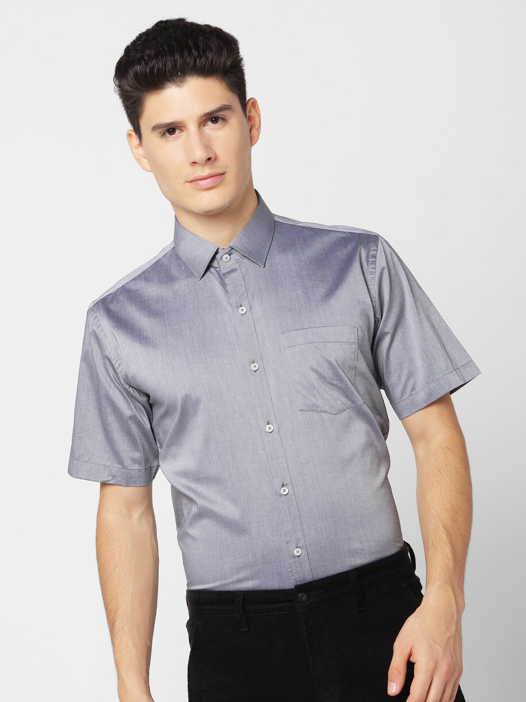 Stori Spread Collar Short Sleeves Slim Fit Cotton Formal Shirt, Grey