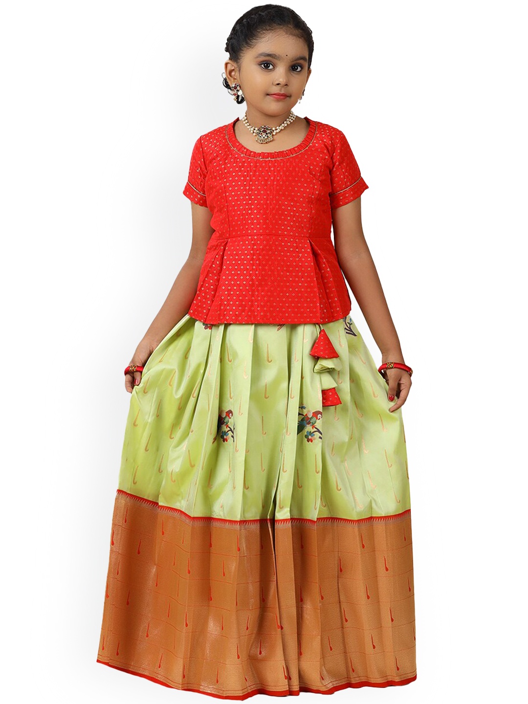 

SHIVANGI clothing Girls Ethnic Motifs Woven Design Silk Lehenga Choli, Green