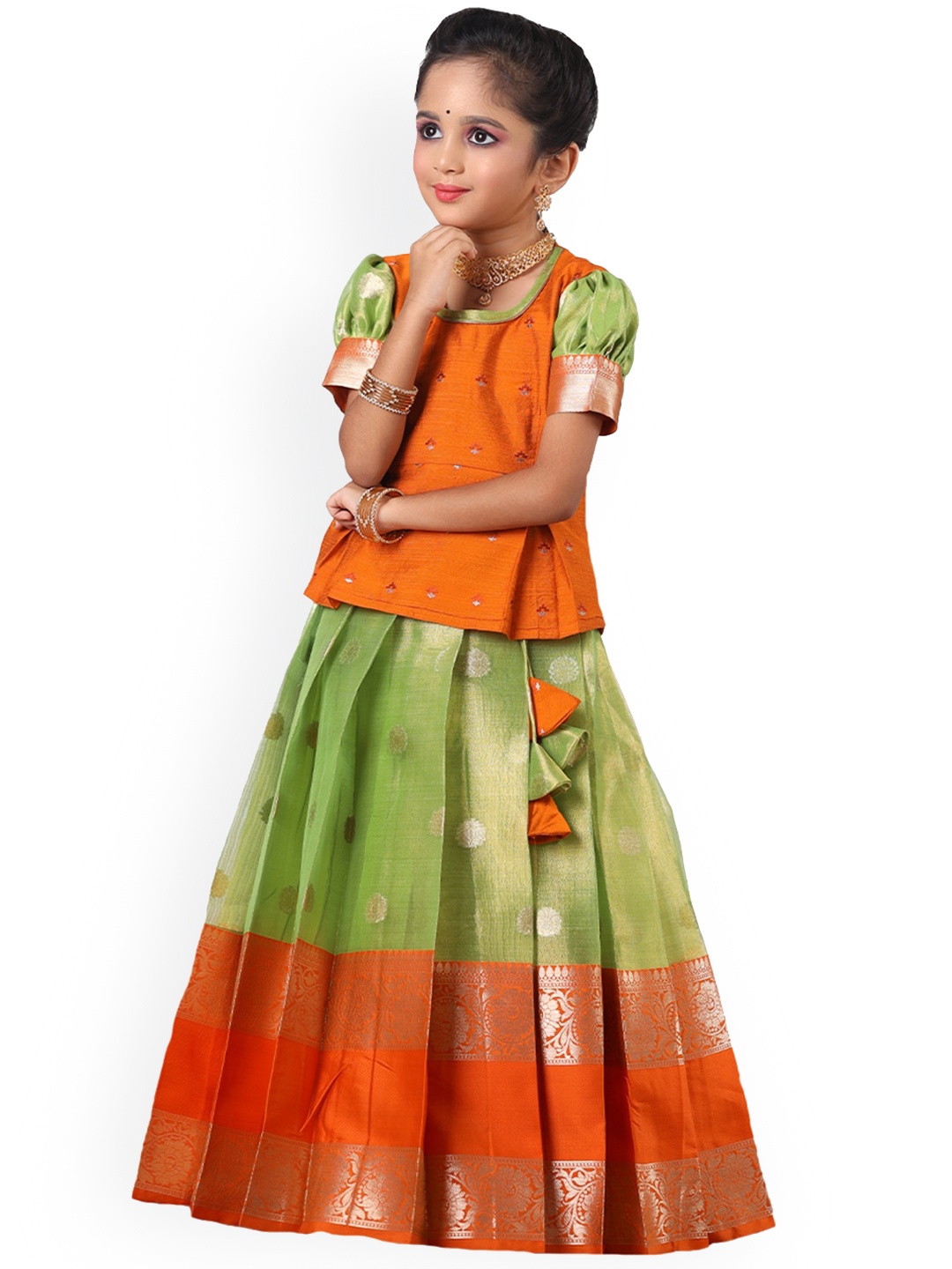 

SHIVANGI clothing Girls Ethnic Motif Woven Designed Silk Ready to Wear Lehenga & Blouse, Orange