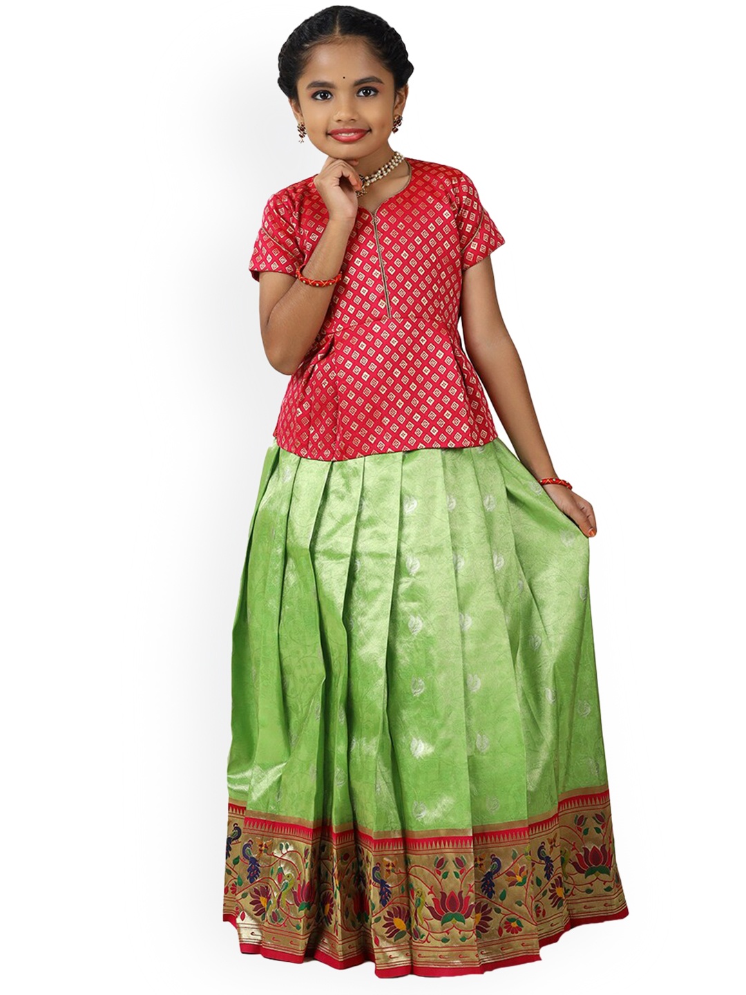 

SHIVANGI clothing Girls Woven-Design Silk Lehenga Choli, Green