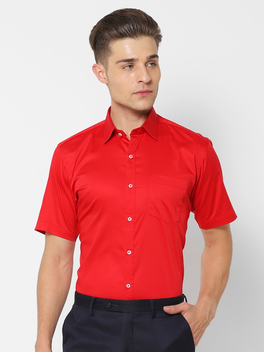 

Stori Spread Collar Short Sleeves Slim Fit Cotton Formal Shirt, Red