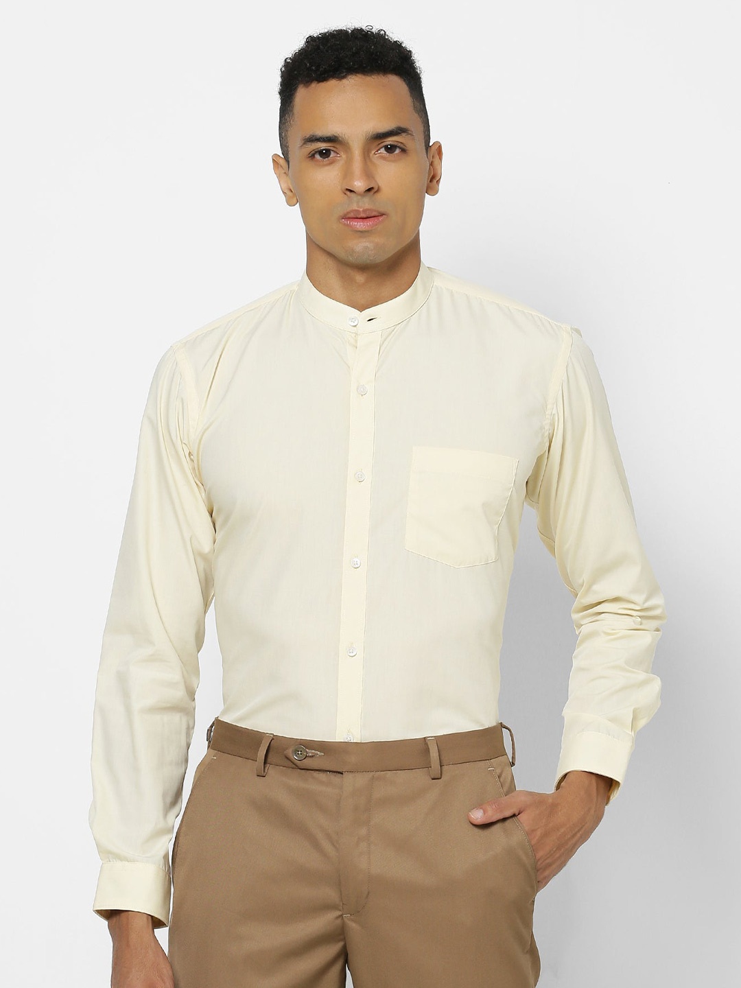 

Stori Mandarin Collar Long Sleeves Slim Fit Cotton Formal Shirt, Yellow