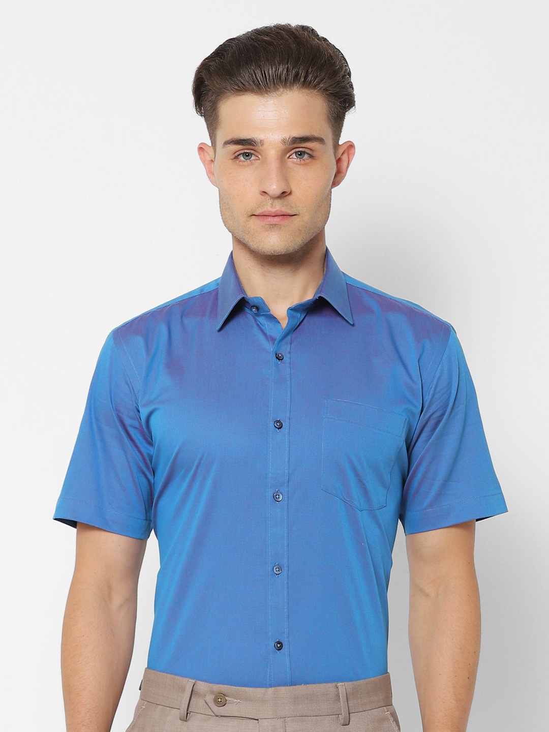 

Stori Spread Collar Short Sleeves Slim Fit Cotton Formal Shirt, Blue