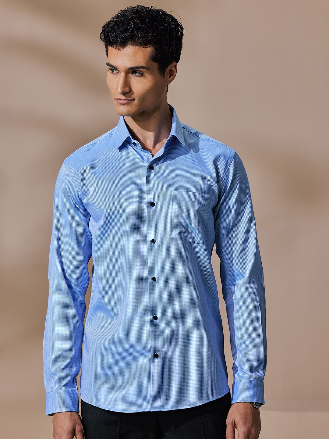 

Stori Spread Collar Long Sleeves Slim Fit Micro Checks Cotton Formal Shirt, Blue