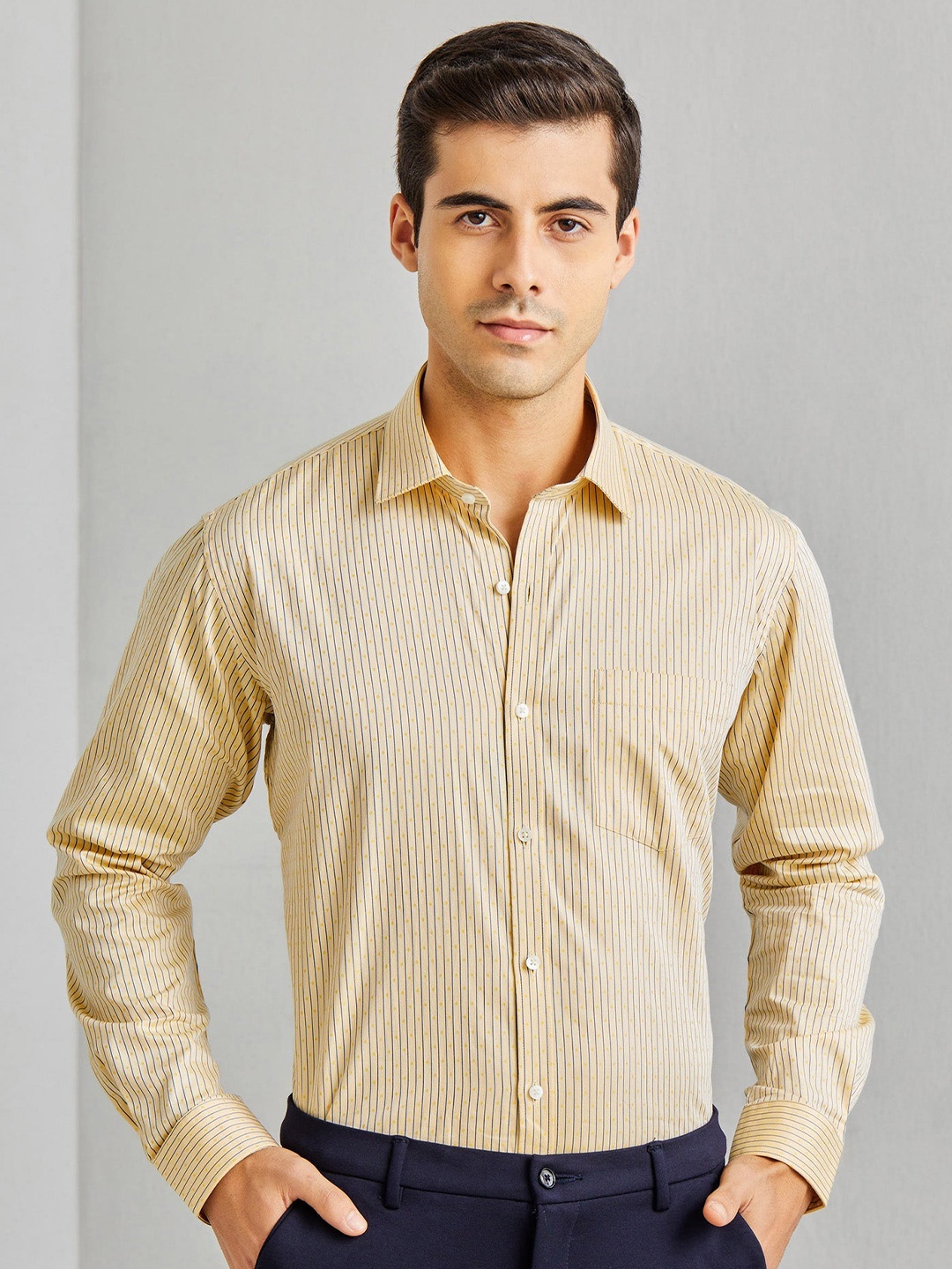 Stori Spread Collar Long Sleeves Slim Fit Cotton Striped Formal Shirt, Yellow