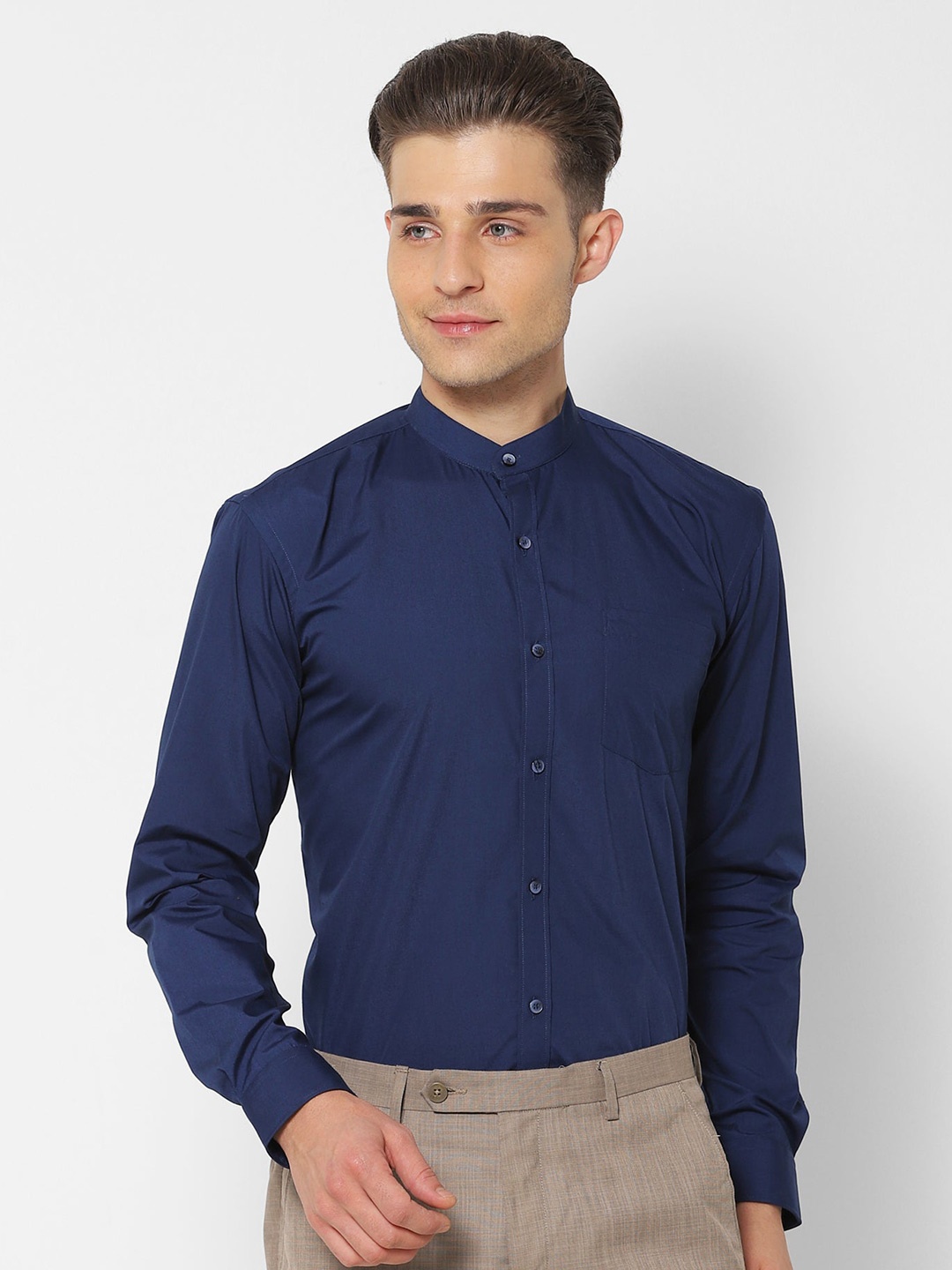 

Stori Mandarin Collar Long Sleeves Slim Fit Cotton Formal Shirt, Navy blue