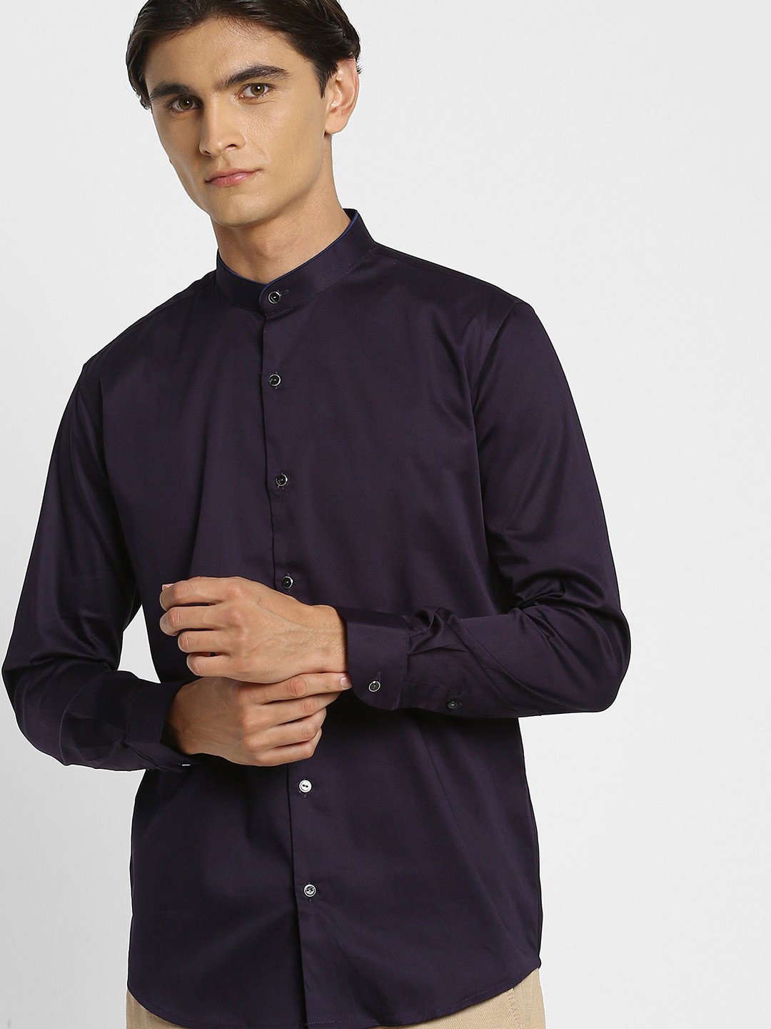 

Stori Mandarin Collar Long Sleeves Slim Fit Cotton Casual Shirt, Purple