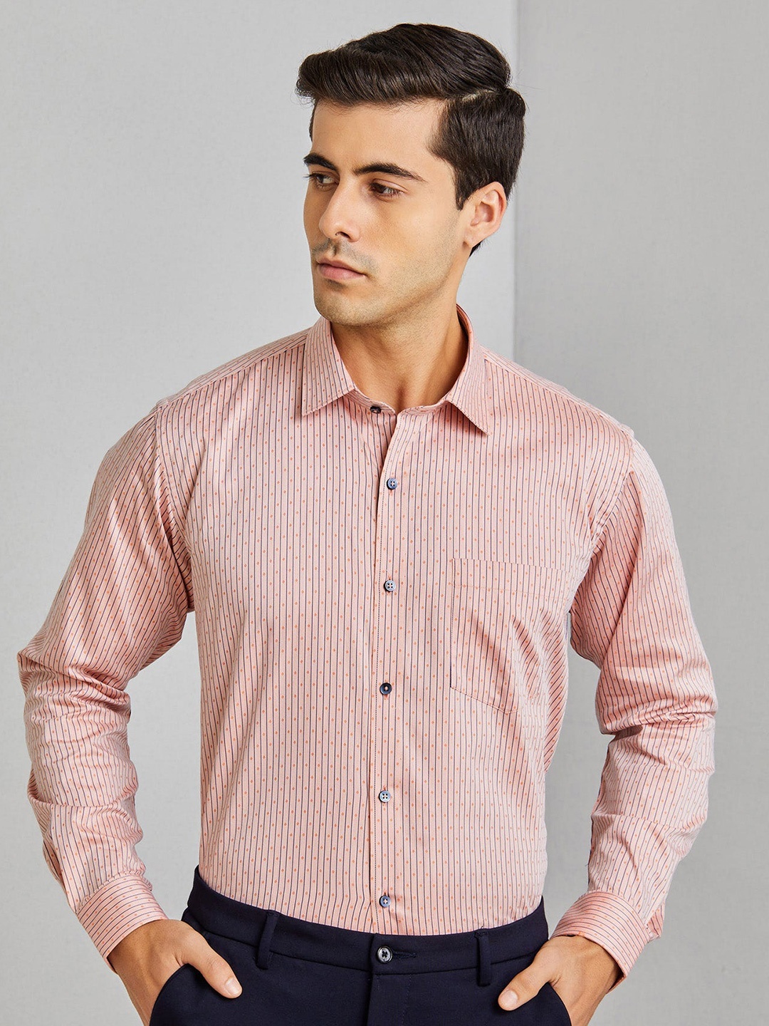 

Stori Slim Fit Spread Collar long Sleeves Printed Cotton Formal Shirt, Orange