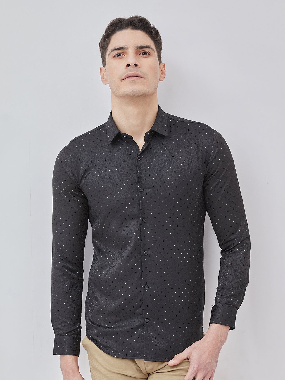 

Stori Slim Fit Spread Collar Long Sleeves Cotton Party Shirt, Black