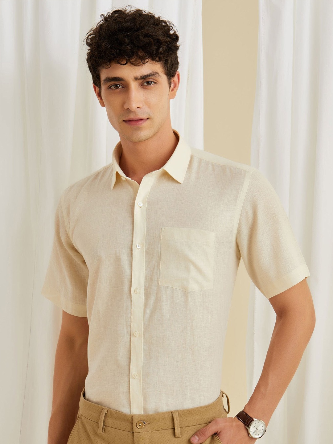 Stori Spread Collar Short Sleeve Slim Fit Linen Formal Shirt, Cream