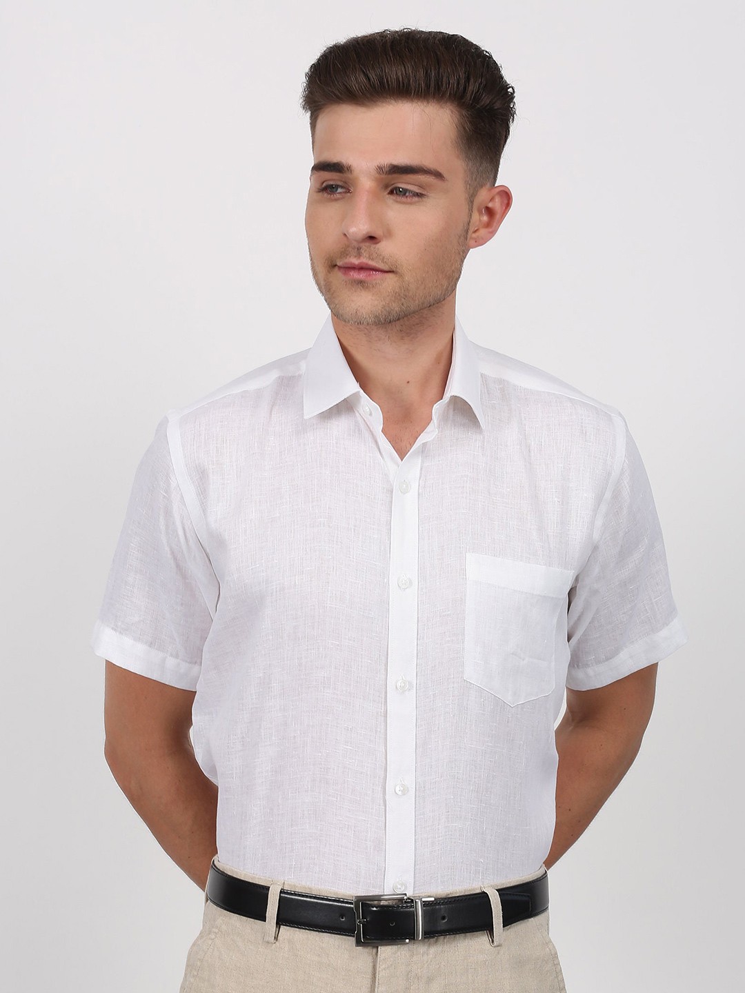 

Stori Spread Collar Short Sleeve Slim Fit Linen Formal Shirt, White