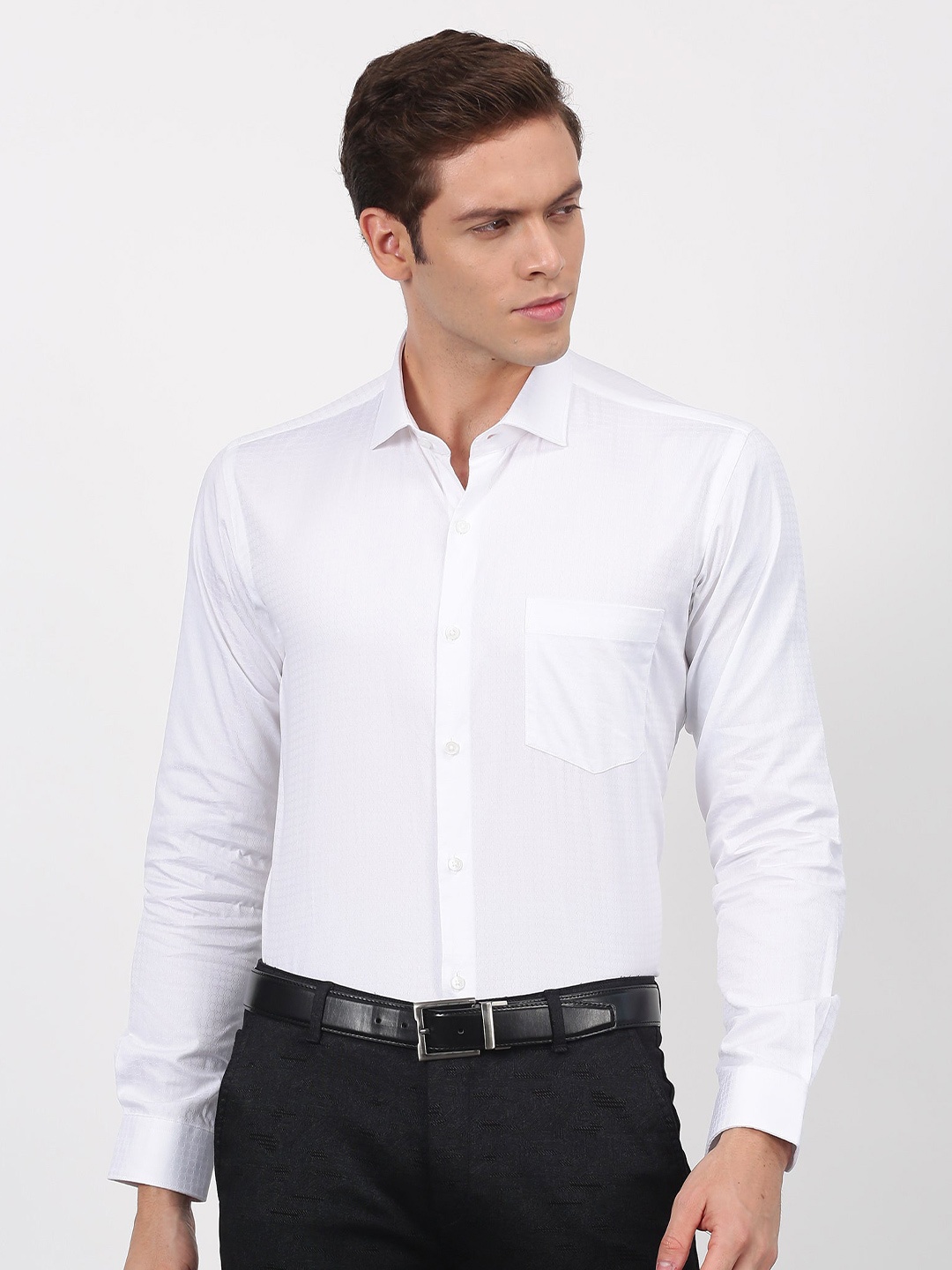 

Stori Spread Collar Long Sleeves Slim Fit Printed Cotton Formal Shirt, White
