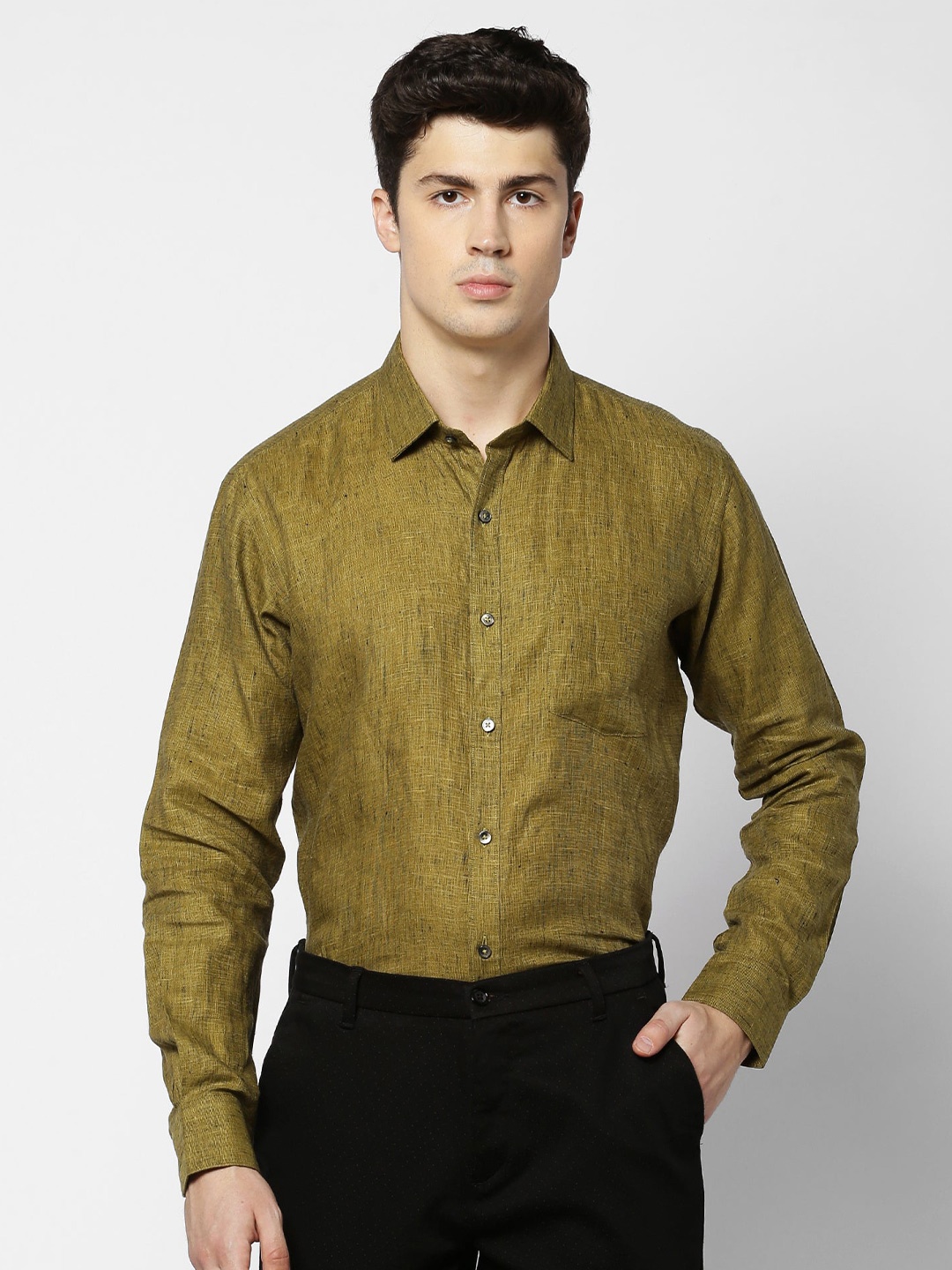 

Stori Spread Collar Long Sleeves Slim Fit Linen Formal Shirt, Green