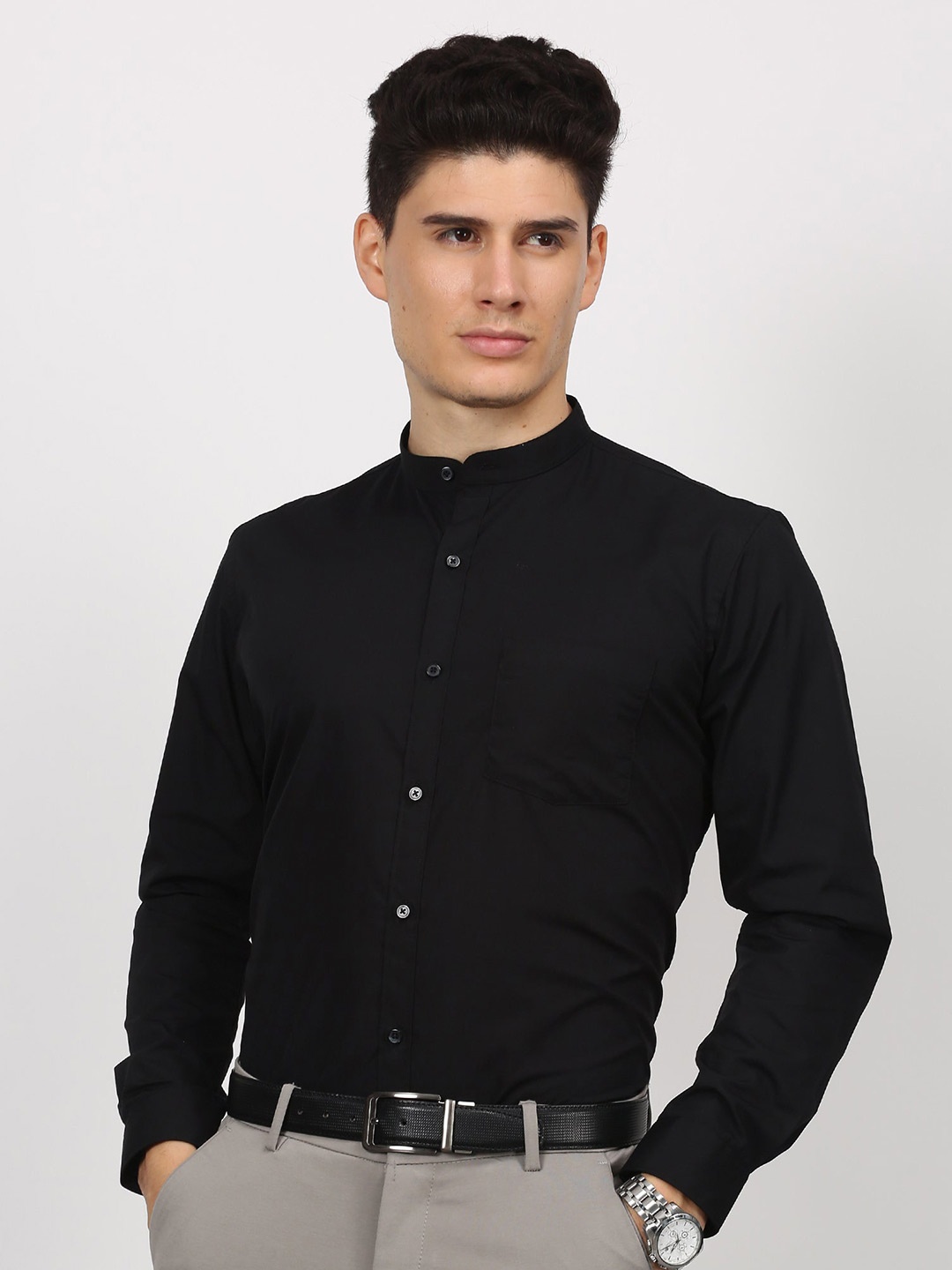 Stori Band Collar Slim Fit Formal Shirt, Black