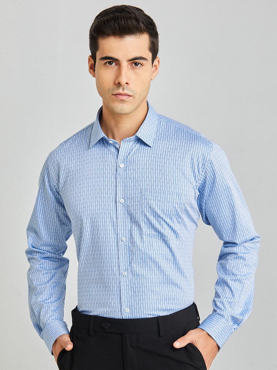 Stori Striped Spread Collar Slim Fit Pure Cotton Formal Shirt, Blue