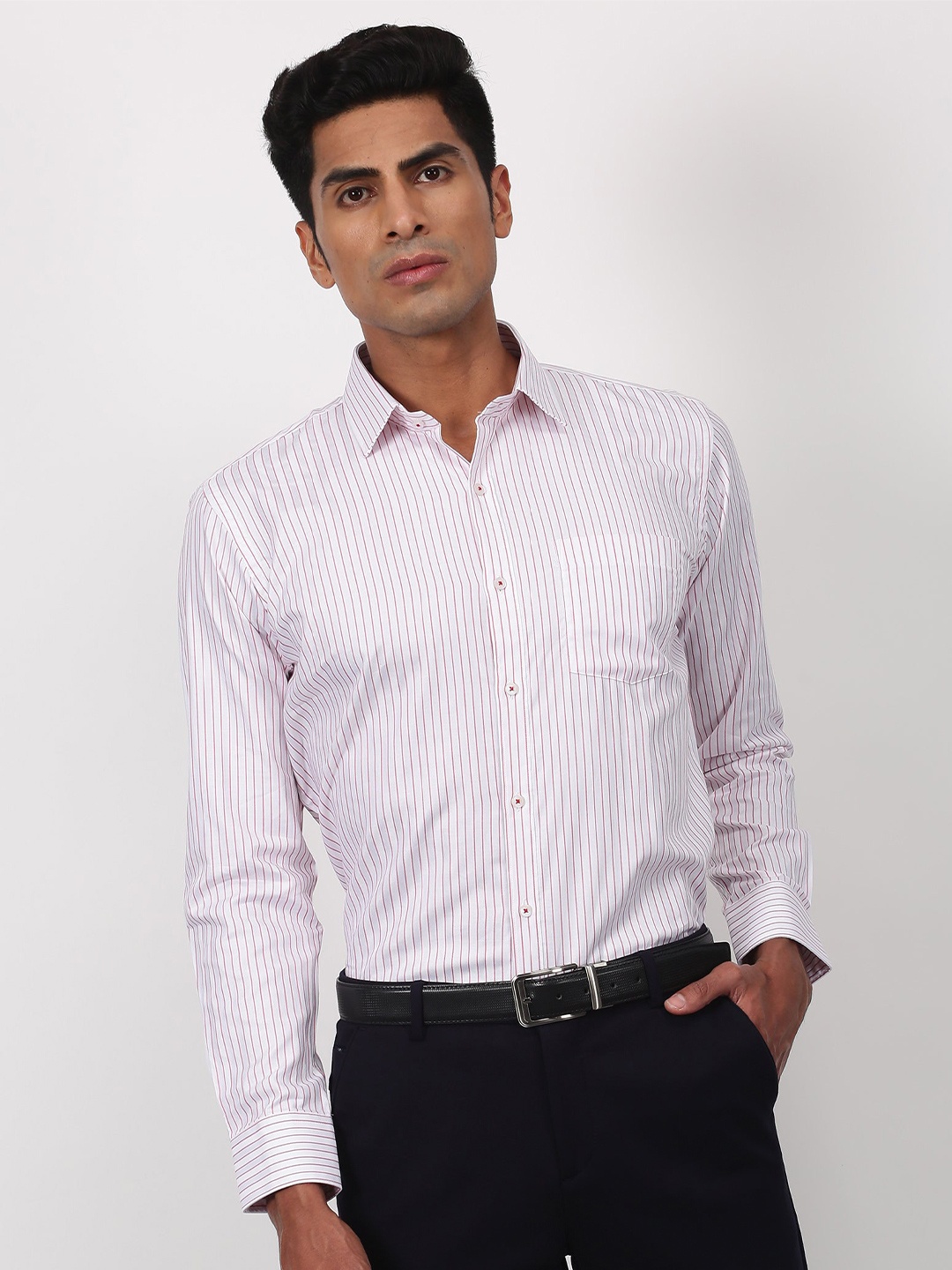 

Stori Striped Spread Collar Slim Fit Pure Cotton Formal Shirt, Red