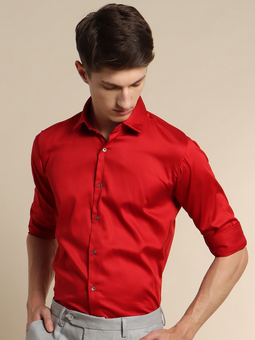 

Stori Spread Collar Slim Fit Pure Cotton Party Shirt, Red