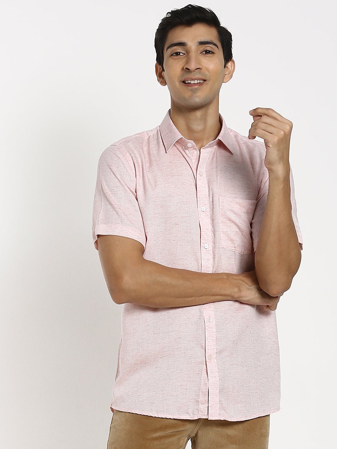 

Stori Self Design Spread Collar Slim Fit Pure Cotton Casual Shirt, Pink