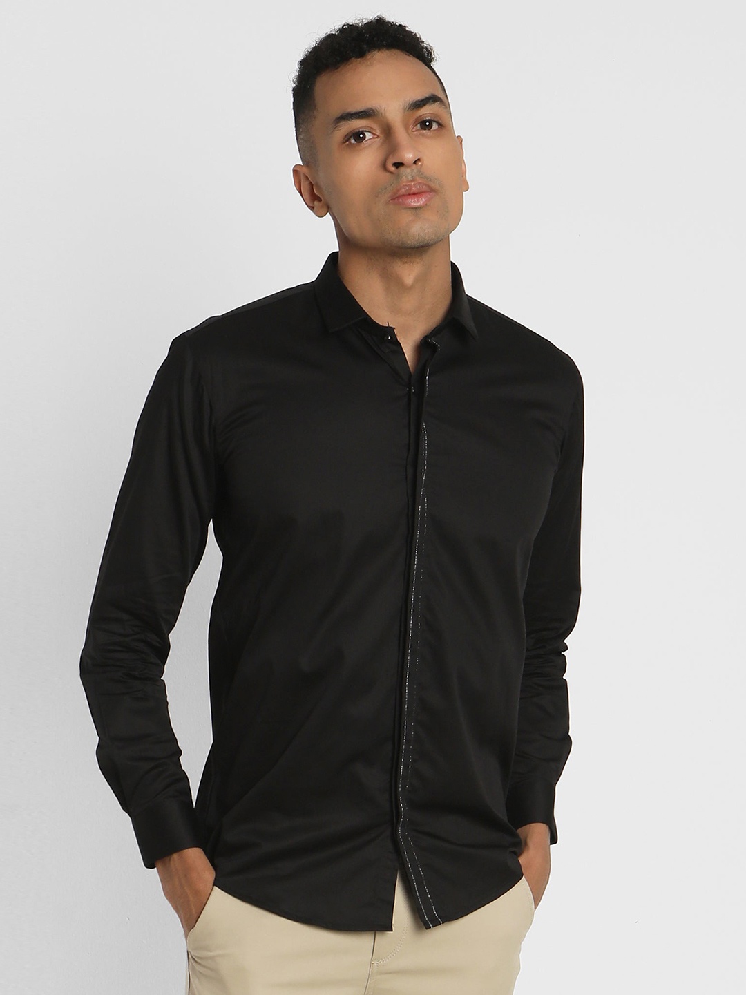 

Stori Slim Fit Self Design Cotton Party Shirt, Black