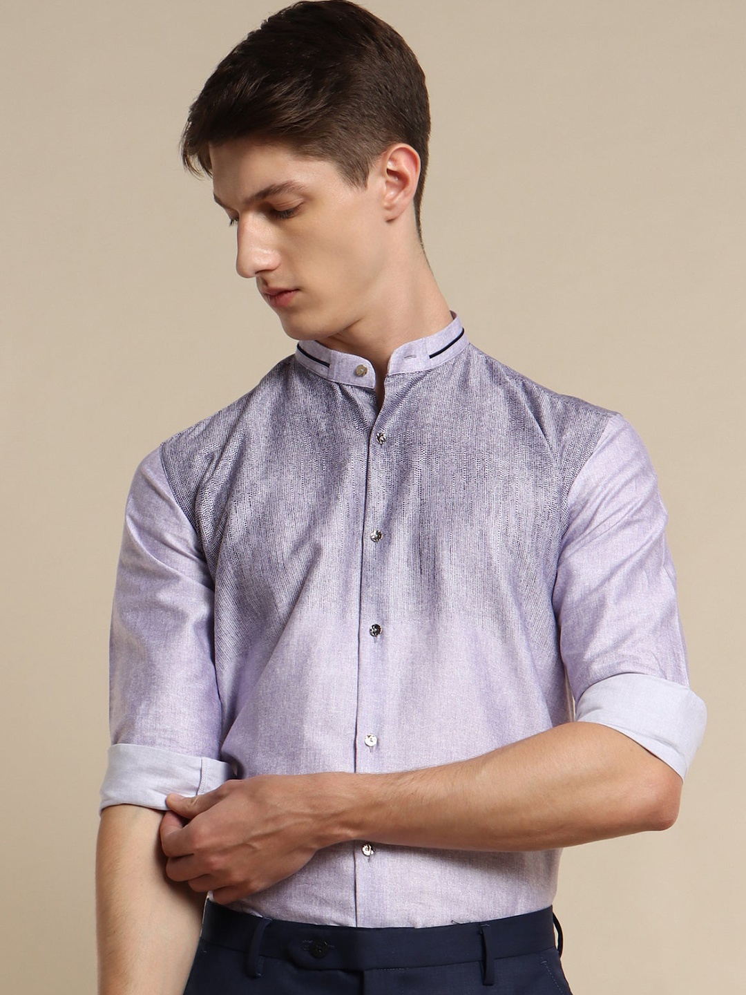 

Stori Slim Fit Band Collar long Sleeves Cotton Party Shirt, Purple