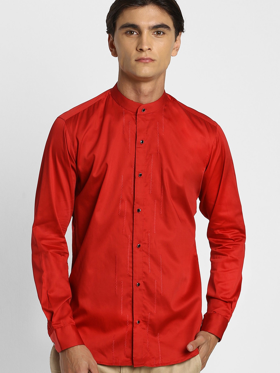 

Stori Band Collar Slim Fit Pure Cotton Party Shirt, Red