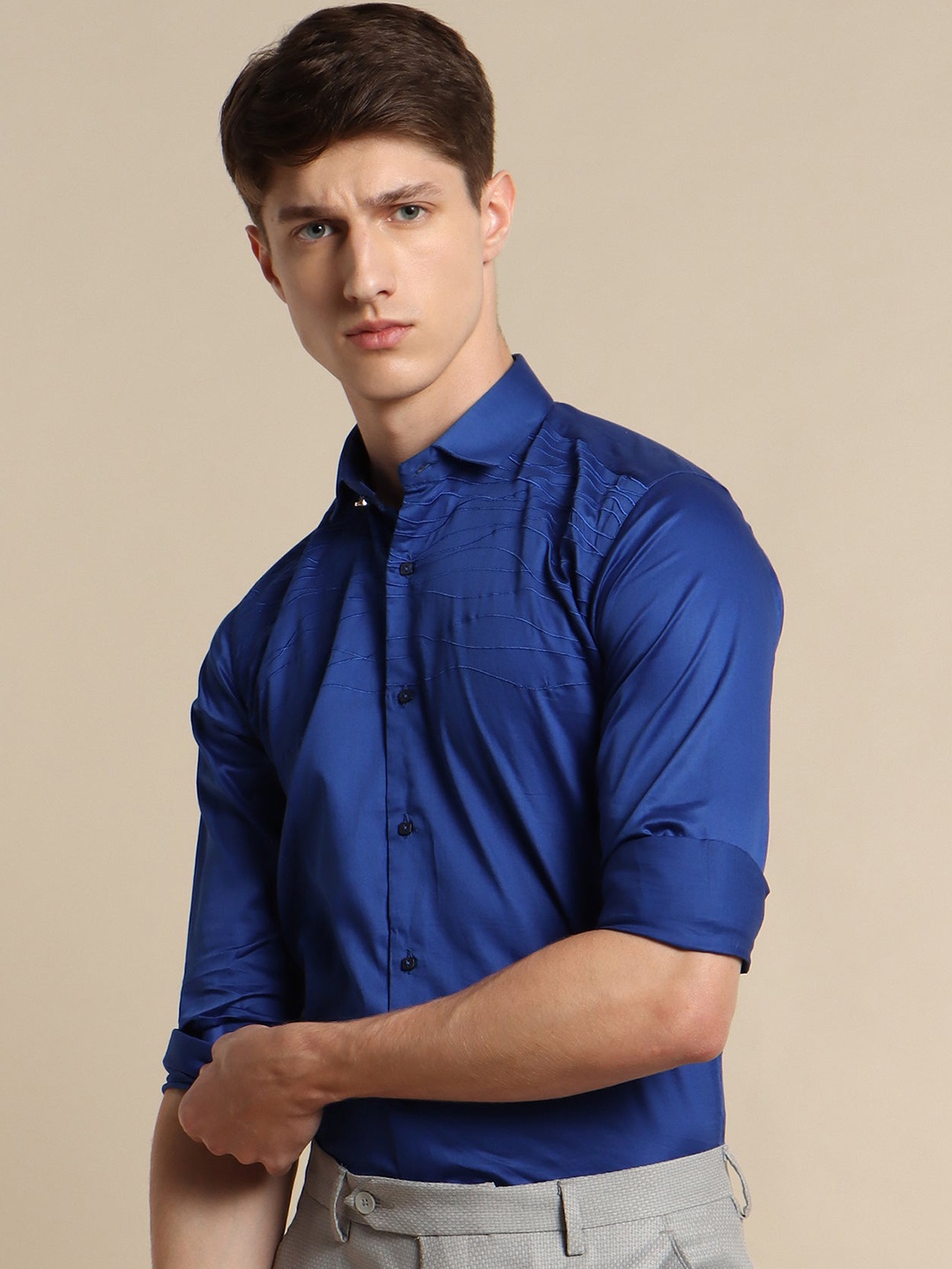 

Stori Slim Fit Self Design Cotton Party Shirt, Blue