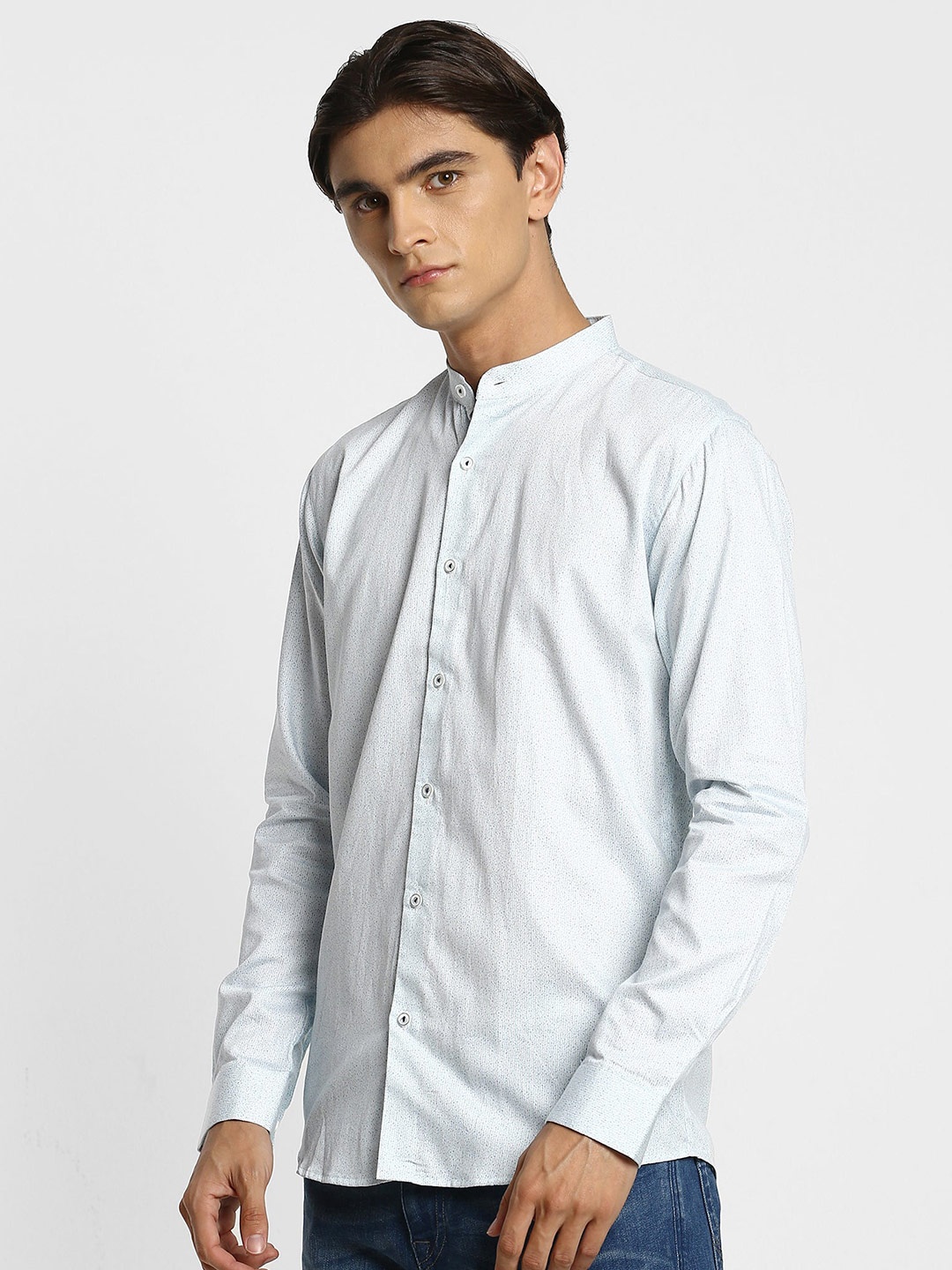 

Stori Vertical Striped Mandarin Collar Cotton Slim Fit Casual Shirt, Blue