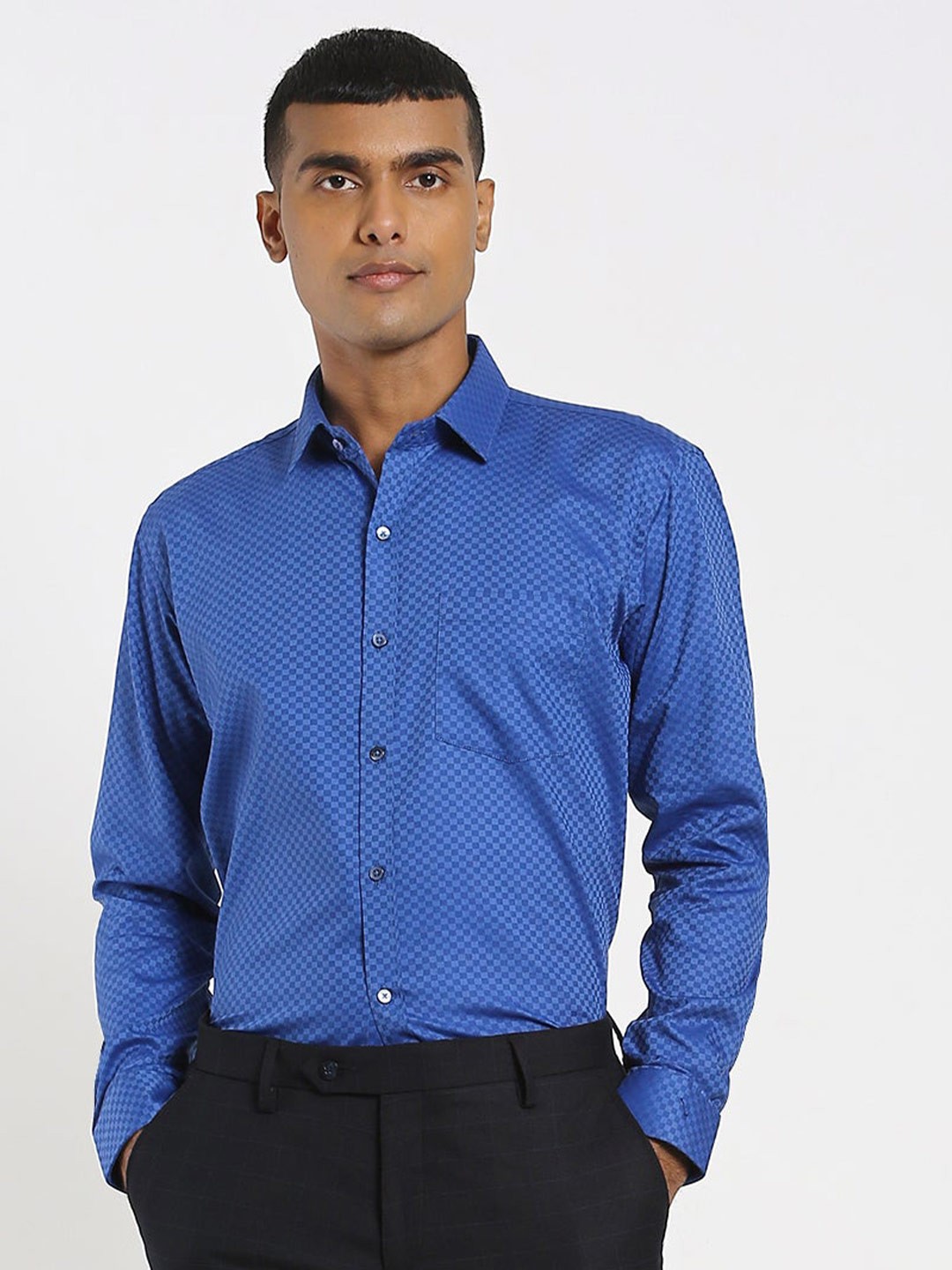 

Stori Slim Fit Micro Checks Cotton Formal Shirt, Blue