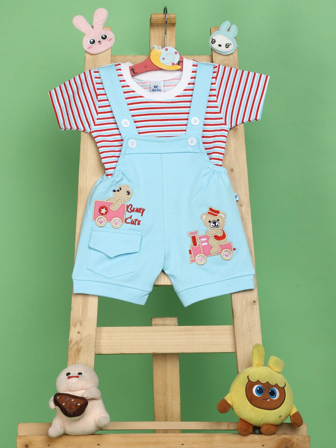 

V-Mart Infants Graphic Printed Pure Cotton Dungaree with Striped T-shirt, Blue