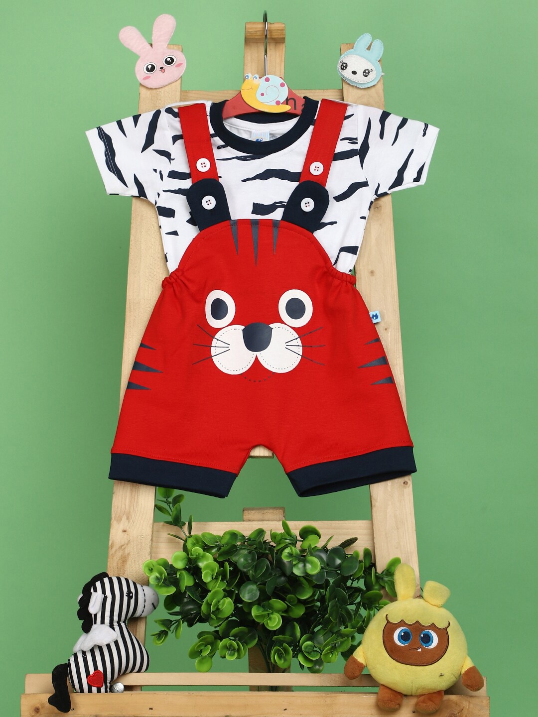 

V-Mart Infants Abstract Printed Pure Cotton Dungaree with Striped T-shirt, Red