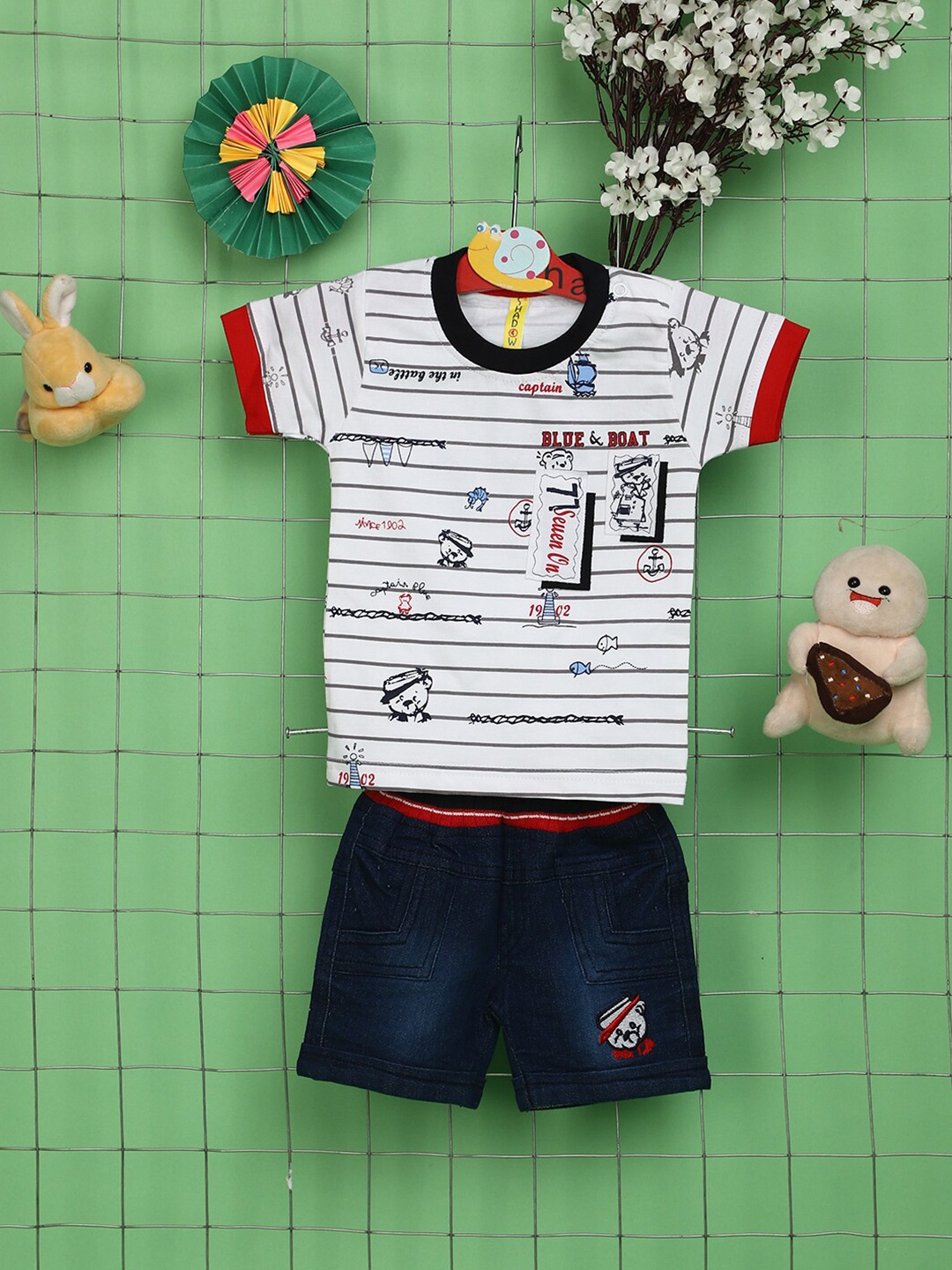 

V-Mart Infants Conversational Printed Round Neck Pure Cotton T-shirt With Denim Shorts, White