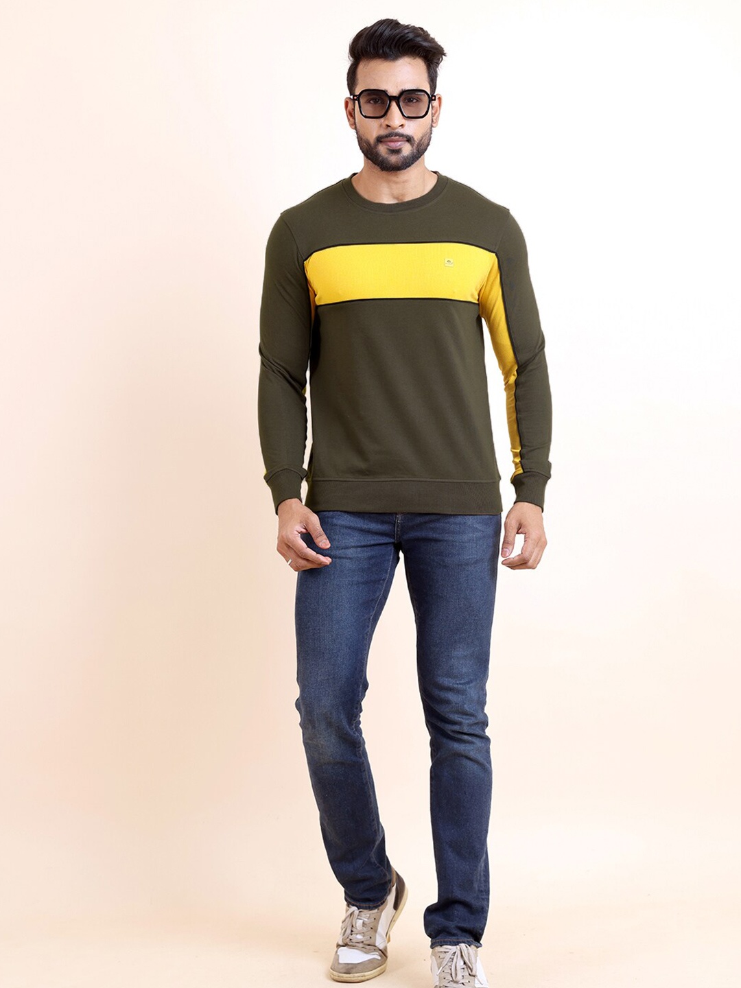 

berry blues Colourblocked Cotton Round Neck Pullover Sweatshirt, Yellow