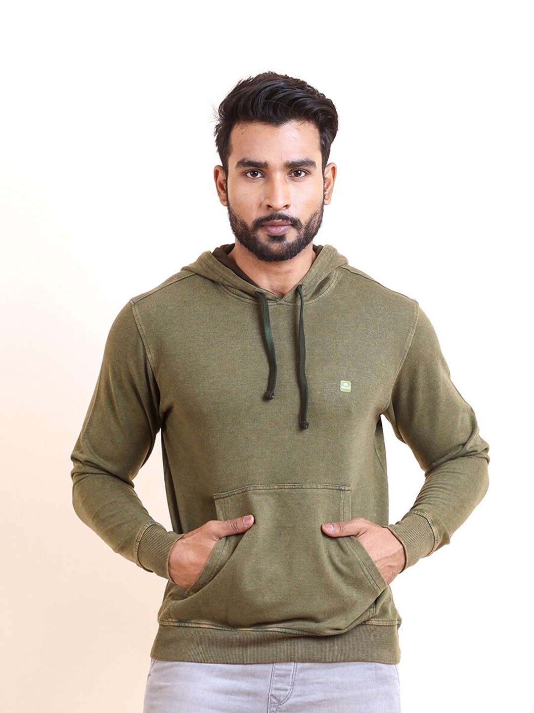 

berry blues Hood Regular Cotton Hooded Kangaroo Pocket Pullover Ribbed Sweatshirt, Green