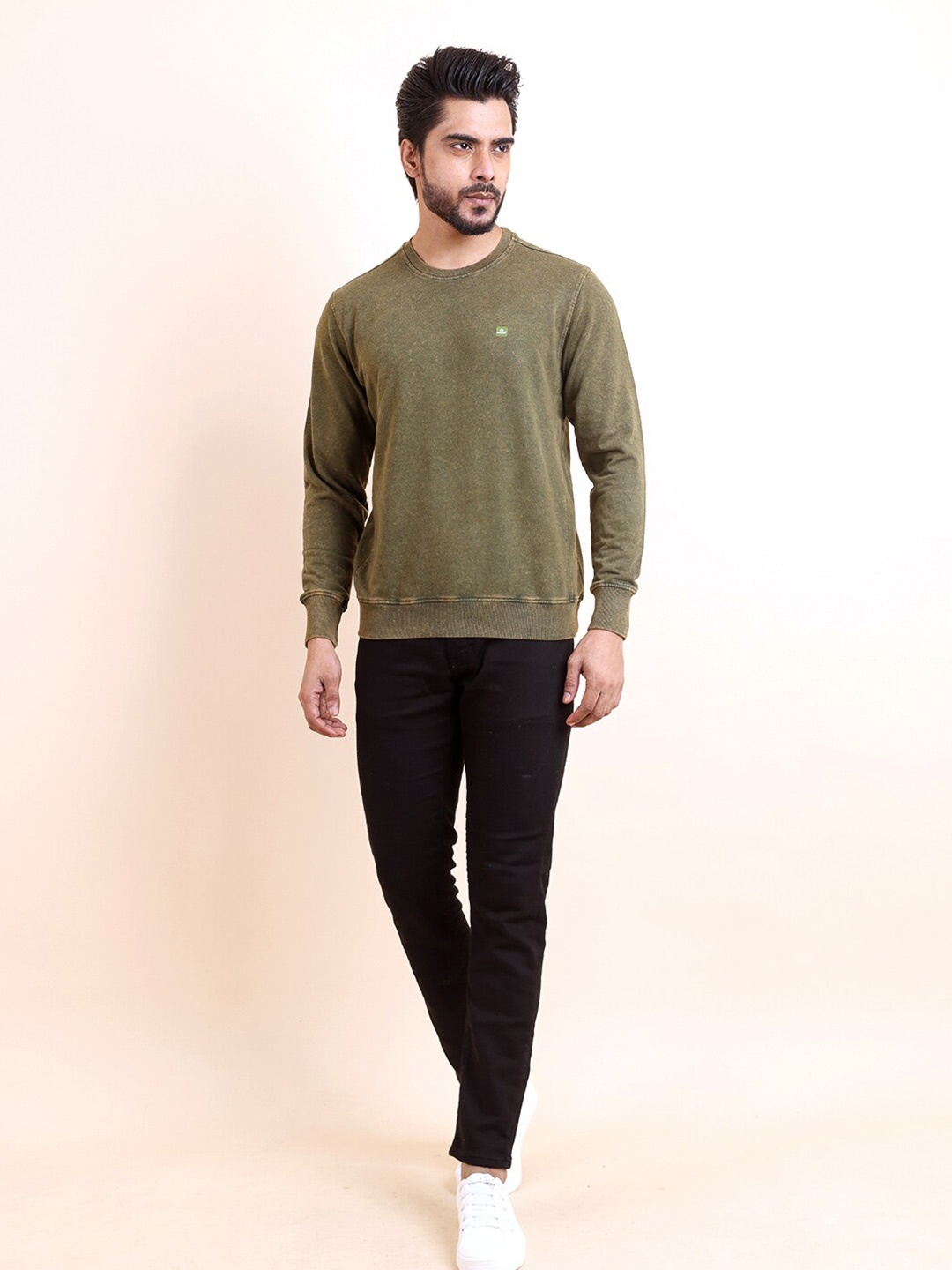 

berry blues Round Neck Cotton Pullover Ribbed Sweatshirt, Green