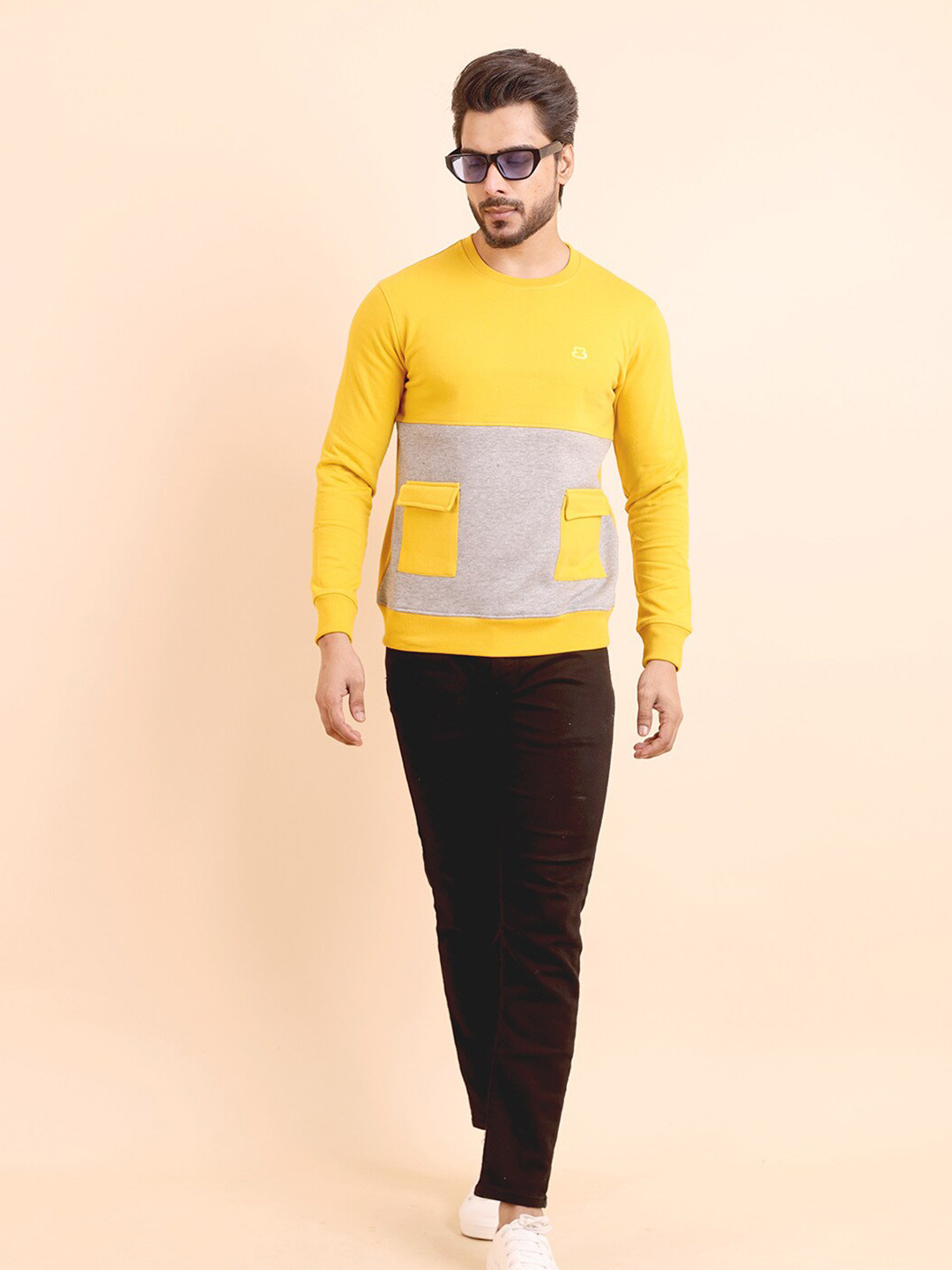 

berry blues Colourblocked Round Neck Pullover Ribbed Sweatshirt, Yellow