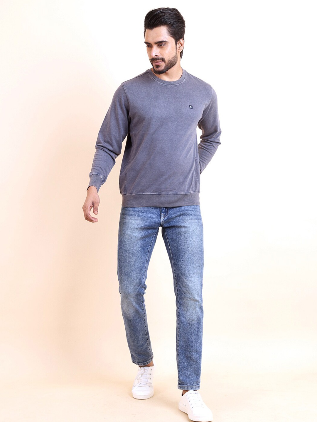 

berry blues Round Neck Long Sleeves Cotton Sweatshirt, Blue