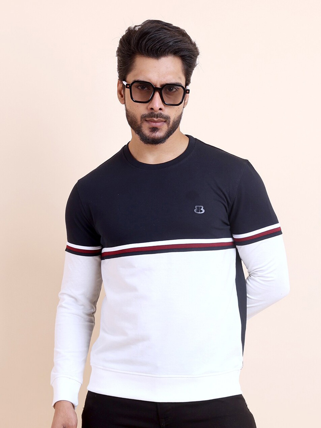 

berry blues Colourblocked Round Neck Long Sleeves Pullover Cotton Sweatshirt, Blue